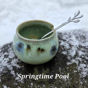 May include: A small, round ceramic bowl with a light green glaze and blue accents. A silver spoon with a leaf-like design rests inside the bowl. The text "Springtime Pool" is at the bottom of the image.