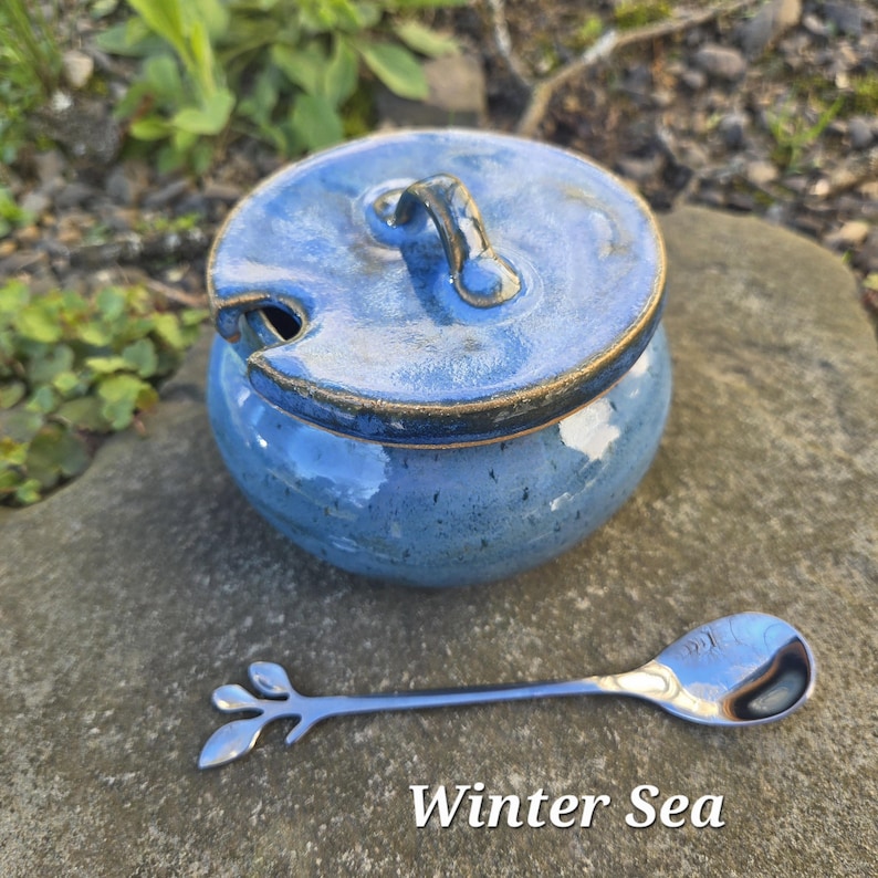 May include: A blue ceramic sugar bowl with a lid and a small handle. The bowl has a glossy finish and a small opening for a spoon. A silver spoon with a leaf design is next to the bowl. The text "Winter Sea" is at the bottom.