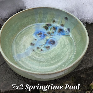 May include: A handmade ceramic bowl with a light green exterior and a blue and brown interior design. The bowl is 7 inches in diameter and 2 inches deep. The text "7x2 Springtime Pool" is at the bottom.