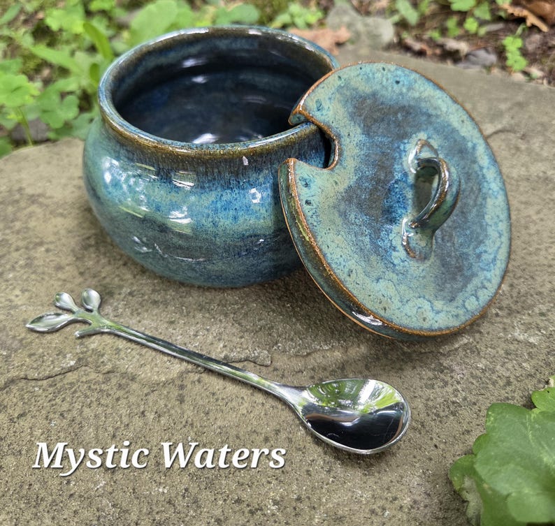 Pottery Sugar Bowl/Jam Jar/Honey Pot (comes with spoon) Mystic Waters