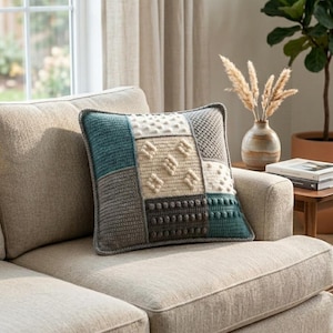 May include: A square throw pillow featuring a patchwork design of crocheted panels in shades of teal, beige, cream, and dark gray. The surface displays varied textures including bobbles, waffle stitches, and smooth knit patterns with piped edges.