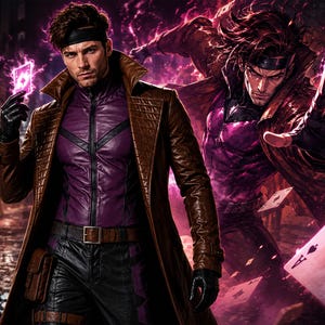 May include: A character wearing a brown trench coat over a purple and black jacket with a black headband. The character holds a glowing pink playing card, with a second dynamic pose in the background surrounded by floating playing cards and energy.