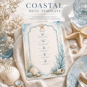 Puede incluir: Una plantilla de menú rectangular con un diseño de acuarela que presenta coral azul, conchas marinas y una estrella de mar en la parte superior. El texto dice COASTAL MENU TEMPLATE, A WATERCOLOR MENU DESIGN PERFECT FOR ANY OCEAN CELEBRATION, MENU, STARTERS, MAIN COURSE, SIDES, DESSERT, DRINKS.