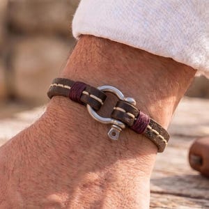 Mens Leather Bracelet with Steel Shackle Clasp - Mens Bracelet - Mens Jewelry Unisex - Dark Brown - Hand Stitched