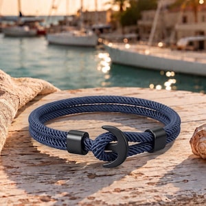 Black Anchor Rope Bracelet for Men, Navy Blue Nautical Bracelet, Minimalist Maritime Jewelry, Sailing Rope Wristband, Coastal Style Gift