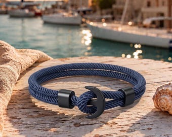 Schwarzer Anker Armband für Männer, Marine Blau Nautisches Armband, Minimalistischer Schmuck, Segelseil Armband, Geschenk Küstenstil