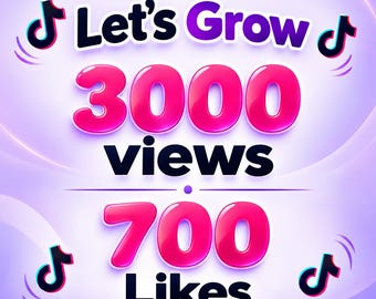 Può includere: Una grafica digitale su sfondo viola chiaro con il testo Let's Grow, 3000 views e 700 Likes in tipografia grassetta e colorata. Il design include quattro loghi TikTok posizionati negli angoli con linee che indicano movimento.
