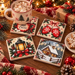 Puede incluir: Un juego de cuatro posavasos cuadrados de cerámica con ilustraciones navideñas que incluyen una taza de chocolate caliente, manoplas rojas con copos de nieve, un farol brillante con un lazo rojo y una cabaña nevada en un bosque.