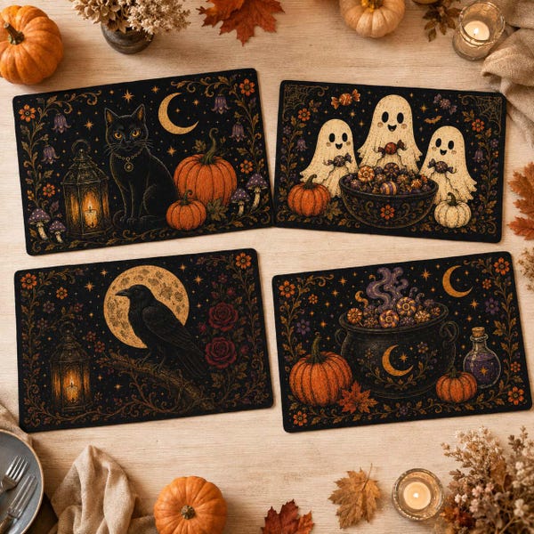 Reversible Halloween Placemats, Gothic Ghost Cat Raven Witch Designs