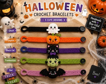 May include: Five crochet bracelets featuring Halloween themes: a white ghost on a black band, an orange pumpkin on an orange band, a black cat on a purple band, a green Frankenstein on a green band, and a black bat on a pink band. Each has a button closure.
