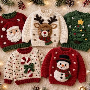 Könnte beinhalten: Fünf langärmelige Häkelpullover mit weihnachtlichen Motiven. Einer in Rot mit Weihnachtsmann, einer in Creme mit Rentier, einer in Grün mit Weihnachtsbaum, einer in Creme mit Zuckerstange und einer in Rot mit Schneemann. Alle haben Rippbündchen.