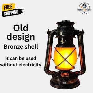 May include: A lantern with a bronze-colored shell and a glowing orange light source. The text on the image reads: Old design, Bronze shell, It can be used without electricity. The lantern features a metal frame with a protective cage.
