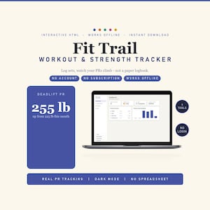Può includere: Interfaccia software Fit Trail Workout & Strength Tracker. Include un computer portatile che mostra una dashboard, un record personale di stacco da terra di 255 lb e testo che indica nessun account, nessun abbonamento e funzionamento offline.