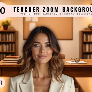 May include: A digital background for video calls featuring a library setting with wooden bookshelves, a desk with a stack of books, and eyeglasses. The text at the top reads 10 TEACHER ZOOM BACKGROUND PREMIUM ZOOM BACKGROUND | INSTANT DOWNLOAD.