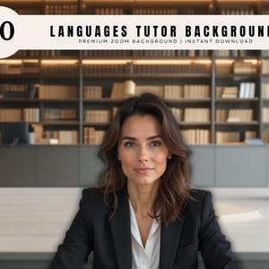 Könnte beinhalten: Ein digitaler Hintergrund für Videoanrufe mit einem Bibliotheksbüro, einem hellen Holztisch, einer Person im schwarzen Blazer und Regalen voller Bücher. Der Text 10 LANGUAGES TUTOR BACKGROUND PREMIUM ZOOM BACKGROUND INSTANT DOWNLOAD ist sichtbar.