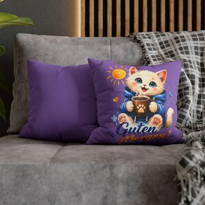 Cute Blue-Eyed Cat Throw Pillow Cover|Guten Morgen Purple Cushion Cover,German Cat Lover Gift, Coffee Cat Decorative Pillow,Cozy Home Decor
