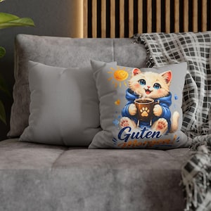 Cute Blue-Eyed Cat Throw Pillow Cover |Guten Morgen Coffee Cat Grey Cushion Cover, German Cat Lover Gift, Cozy Home Decor, Decorative Pillow