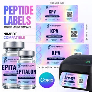 May include: A collection of peptide labels featuring a holographic gradient background, including text for Pure Peptides, KPV, Epitalon, and BPC-157. The set includes a black thermal printer, two glass vials with silver caps, and various label sizes like 3.18 x 1.27 cm, 4.45 x 1.91 cm, 5.08 x 2.54 cm, and 6.35 x 2.54 cm.