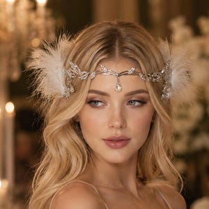 Crystal Bridal Forehead Band, Feather Elven Circlet, Rhinestone Forehead Chain, Princess Bridal Headpiece, Fairy Wedding Hair Jewelry