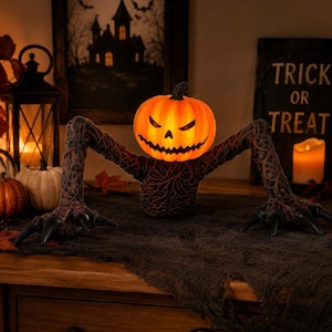 May include: A glowing orange jack-o'-lantern figure with a menacing carved face and long, dark, textured vine-like arms ending in sharp black claws. The creature has a dark, gnarled body and is illuminated from within, casting a warm light.