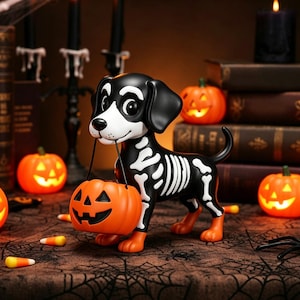May include: A black and white dog figurine with a painted skeleton design on its body, holding an orange jack-o'-lantern bucket in its mouth. The dog has floppy ears, a white muzzle, and orange paws, standing in a festive Halloween setting.