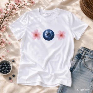 Könnte beinhalten: Ein weißes kurzärmeliges T-Shirt mit einem zentralen Aufdruck, der eine dunkelblaue Heidelbeere zwischen zwei hellrosa Kirschblüten zeigt. Das T-Shirt hat einen Rundhalsausschnitt und besteht aus glattem Stoff, dargestellt in flacher Ansicht.