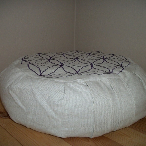 Flower of Life Zafu Meditation Cushion. Organic Flax/Linen Fabric w. purple stitching 15"x5" UNFILLED Cover 6" L.SidewallZipper. HandmadeUSA