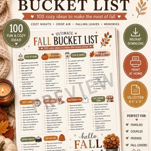 May include: A printable Ultimate Fall Bucket List document featuring 100 seasonal activity ideas categorized into sections like Cozy at Home, Outdoor Adventures, and Food & Drinks. The page includes a watermark, autumn-themed illustrations, and text.