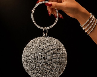 Crystal Sphere Clutch Rhinestone Evening Purse Round Cocktail Formal Wedding Silver Gold