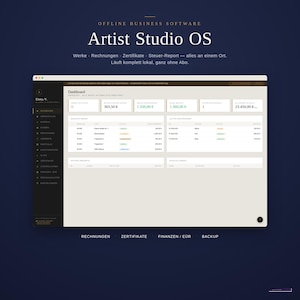 May include: A digital interface for Artist Studio OS offline business software displayed on a dark blue background. The dashboard shows financial metrics, invoices, and certificates in a clean, organized layout with white and beige panels.