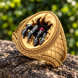 Gothic Claw Statement Ring, 925 Silver with 14K Gold Plating, Fantasy Inspired Designer Ring, Artistic Red Stone Ring, Sculptural Jewelry.