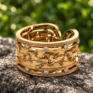 Gold Horse Chariot Ring – Greek Mythology Band, Luxury Statement Ring, Gladiator Jewelry, Bold Silver & Gold Ring with Diamonds Ring.