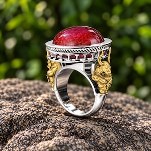 Men Silver Bull Head Ring , Men Ruby Stone Man Ring , Ruby Garnet Stone Ring , Taurus Silver Men Ring , 925k Silver Ring , Gift For Him .
