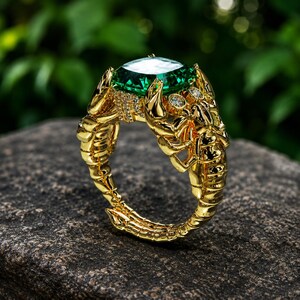 Serpent Statement Ring, 925 Sterling Silver, 14K Gold Plated Ring, Green Gemstone Ring, Snake Jewelry, Unisex Gift, Animal Louver Gift Ring.