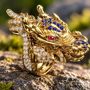 May include: A gold ring shaped like a dragon head, featuring clear white stones along the side and wing, deep blue stones on the head and snout, and a single vibrant red stone for the eye. The metal has a polished finish with intricate textures.