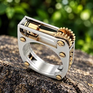 Puede incluir: Un anillo de tono plateado con un diseño mecánico que presenta un conjunto de pistón y engranaje de color dorado en la parte superior. La banda está acentuada con pequeños tornillos dorados en los laterales y grabados dorados en el borde.