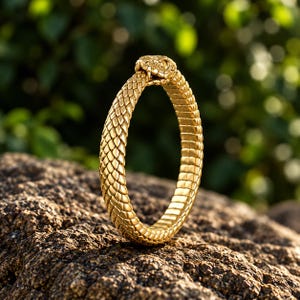 Könnte beinhalten: Ein goldfarbenes Armband in Form einer gewundenen Schlange. Die Oberfläche weist ein detailliertes, sich wiederholendes Schuppenmuster über das gesamte Band auf, wobei der Schlangenkopf den Verschluss bildet und definierte Augen sowie eine texturierte Schnauze zeigt.
