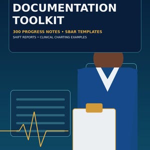Puede incluir: Una portada de libro azul oscuro titulada THE COMPLETE NURSING DOCUMENTATION TOOLKIT, 300 PROGRESS NOTES, SBAR TEMPLATES, SHIFT REPORTS, CLINICAL CHARTING EXAMPLES por RN ZEPHIRIN AZANGUE. Presenta un gráfico de un portapapeles y una línea de frecuencia cardíaca.