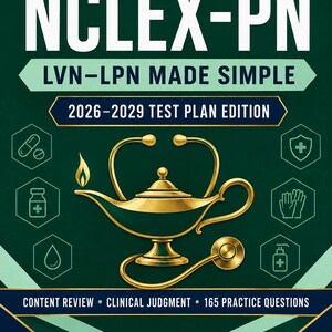 May include: A dark green book cover titled Next Generation NCLEX-PN LVN-LPN Made Simple 2026-2029 Test Plan Edition. It features a gold oil lamp with a stethoscope, medical icons in hexagons, and the author name Zephirin Azangue, RN at the bottom.