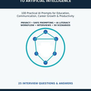 May include: A book cover titled AI FOR NURSES: THE SMART NURSE'S GUIDE TO ARTIFICIAL INTELLIGENCE. It features a blue shield icon with connected nodes, text about 100 prompts, privacy, 50 scenarios, 25 interview questions, and author Zephirin Azangue, RN.