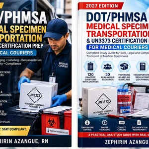 May include: Two book covers titled 2027 Edition DOT/PHMSA Medical Specimen Transportation & UN3373 Certification Prep for Medical Couriers by Zephirin Azangue, RN. The covers feature text, icons, and images of medical transport supplies and a courier.
