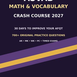 May include: A dark purple book cover titled ASVAB MATH & VOCABULARY CRASH COURSE 2027. It features the text 30 DAYS TO IMPROVE YOUR AFQT, 700+ ORIGINAL PRACTICE QUESTIONS, AR MK WK PC TIMED EXAMS, and the author name ZEPHIRIN AZANGUE, RN in white and gold.