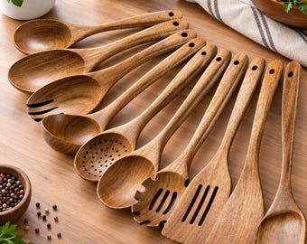 Acacia Wood Cooking Utensil Set, 10 Piece Wooden Kitchen Tools, Handmade Style Spoons & Spatulas, Natural Wood Cooking Set