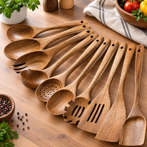 Acacia Wood Cooking Utensil Set, 10 Piece Wooden Kitchen Tools, Handmade Style Spoons & Spatulas, Natural Wood Cooking Set