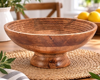 Mango Wood Fruit Bowl, Large Round Wooden Serving Bowl, Rustic Table Centerpiece, Salad Snack Bowl, Kitchen Dining Decor, 12 Inch