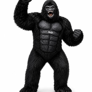 Könnte beinhalten: Eine schwarze Gorillafigur mit strukturiertem Fell, muskulöser Brust und brüllendem Gesichtsausdruck. Die Figur steht aufrecht, ein Arm ist zur Faust erhoben, der andere Arm ist seitlich angewinkelt mit einer geballten Faust.