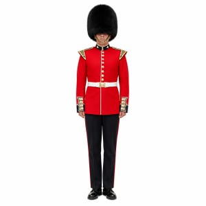 May include: A ceremonial uniform consisting of a bright red tunic with gold buttons, black cuffs with gold trim, and black trousers. The outfit includes a white belt with a gold buckle, black shoes, and a tall, cylindrical black bearskin hat.