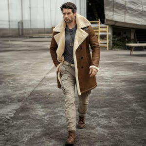 May include: A brown double-breasted shearling coat with a wide cream-colored fur lapel and cuffs, worn over a dark gray t-shirt and light beige cargo pants. The outfit is completed with brown leather boots and a silver pendant necklace.