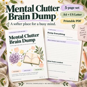 May include: A 5-page printable PDF brain dump worksheet set in A4 and US Letter sizes. The pages feature the title Mental Clutter Brain Dump, sections for tasks and reminders, and illustrations of a purple yarn ball and an open notebook.
