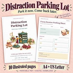 Utskrivbar parkeringsplats med distraktion, fokusplanerare, arbetsblad för hjärndumpning (digital nedladdning)